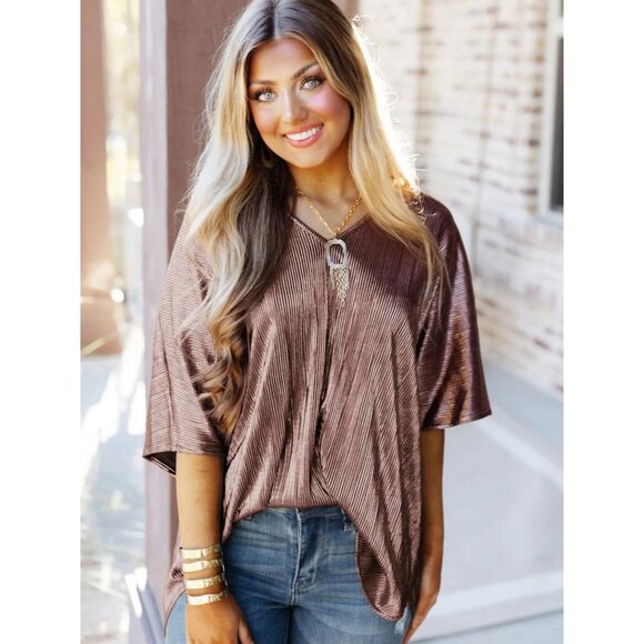 Metallic Textured Oversized V-Neck Tunic Top – Brown (Medium) - Picture 1 of 2